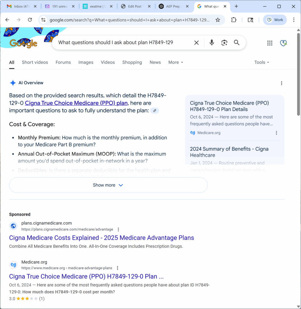 Google AI Overview quoting FAQ content from Medicare.org